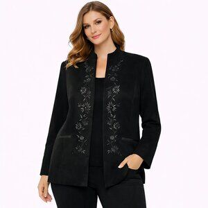 APT9 - Elegant Embroidered Black Open-Front Jacket / Topper